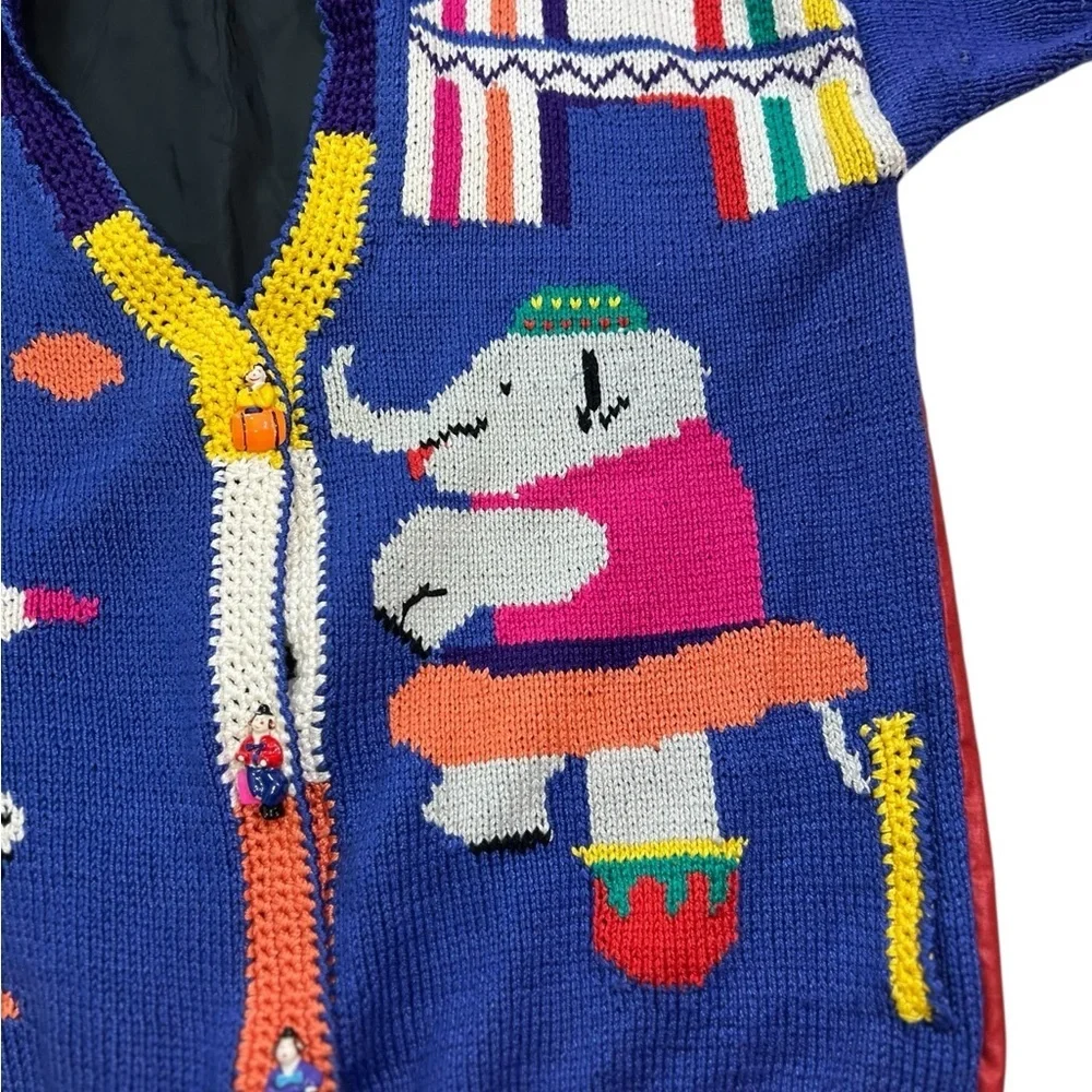Vintage Circus Cardigan Cotton Tent Striped Clown Elephant Hand Knit Lined - Picture 5 of 14